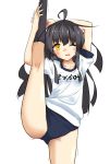  1girl ahoge black_hair black_legwear blue_buruma blush breasts buruma commentary_request eyebrows_visible_through_hair gym_shirt gym_uniform hair_between_eyes highres holding kantai_collection kneehighs leg_up long_hair looking_at_viewer mikazuki_(kantai_collection) name_tag one_eye_closed open_mouth shiba_(zudha) shirt simple_background small_breasts solo split standing standing_on_one_leg standing_split sweatdrop translation_request trembling twitter_username white_background yellow_eyes 