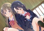  2girls adachi_sakura adachi_to_shimamura black_hair blush bow brown_hair hair_ornament holding_another&#039;s_arm multiple_girls school_uniform shimamura_hougetsu sitting sunlight sweatdrop tachi_(gutsutoma) window 