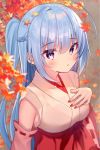  1girl ahoge autumn_leaves bangs blue_hair blurry blurry_background blurry_foreground blush braid breasts commentary_request depth_of_field detached_sleeves eyebrows_visible_through_hair gyozanuko hair_between_eyes hakama hand_on_own_chest hand_up highres japanese_clothes kimono leaf leaf_on_head long_hair long_sleeves looking_at_viewer maple_leaf medium_breasts miko nail_polish original parted_lips ponytail purple_eyes red_hakama red_nails ribbon-trimmed_sleeves ribbon_trim sleeveless sleeveless_kimono solo very_long_hair white_kimono white_sleeves wide_sleeves 