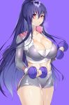  1girl abs action_taimanin akiyama_rinko blue_hair breasts cleavage commission dumbbell exercise gym highres large_breasts lilycious looking_at_viewer midriff purple_eyes short_shorts shorts solo sports_bra sweat taimanin_(series) taimanin_yukikaze tight weightlifting weights 
