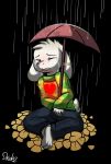  &lt;3 absurd_res anthro asriel_dreemurr bodily_fluids clothed clothing drako1997 eyes_closed fangs female flower fluffy fluffy_tail fur hi_res plant raining simple_background sitting solo tears umbrella undertale video_games white_body white_fur 