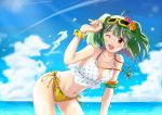  1girl ;d ahoge armlet ass_visible_through_thighs bent_over bikini blue_sky breasts cleavage cloud collarbone cowboy_shot eyewear_on_head floating_hair flower green_hair hair_flower hair_ornament long_hair macross macross_frontier mismatched_bikini multicolored_hair navel ocean one_eye_closed open_mouth orange_flower pink_flower polka_dot polka_dot_bikini ranka_lee red_eyes scrunchie seongs side-tie_bikini silver_hair sky small_breasts smile solo summer sunglasses swimsuit two-tone_hair white_bikini wrist_scrunchie yellow-framed_eyewear yellow_bikini yellow_scrunchie 