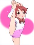  1girl athletic_leotard brown_hair cameltoe commentary_request covered_navel drill_hair flat_chest gochuumon_wa_usagi_desu_ka? leotard long_hair natsu_megumi open_mouth red_eyes ryuu_ryuu smile solo split standing standing_on_one_leg standing_split twintails white_background 