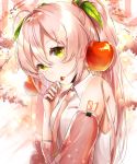  1girl apple apple_hair_ornament bare_shoulders bob_628 cherry cherry_blossom_print cherry_blossoms commentary detached_sleeves eating floral_print food food_themed_hair_ornament fruit green_eyes hair_leaf hair_ornament hatsune_miku highres holding holding_food holding_fruit leaf long_hair looking_at_viewer necktie pink_hair pink_neckwear pink_sleeves sakura_miku shirt sleeveless sleeveless_shirt solo symbol_commentary twintails upper_body very_long_hair vocaloid white_shirt 
