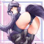  1girl ahoge ass bare_shoulders bird_tail black_panties blush cameltoe commentary cum cum_on_pussy english_text from_behind grey_hair harpy looking_back monster_girl monster_girl_encyclopedia nanostar panties pointy_ears pussy_juice short_hair solo talons thighhighs underwear winged_arms yellow_eyes 