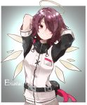  1girl arknights arms_behind_head arms_up asymmetrical_sleeves breasts brown_hair character_name closed_mouth detached_wings exusiai_(arknights) fanny_pack hair_over_one_eye halo jamir looking_at_viewer medium_breasts red_eyes short_hair smile solo wings 