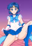  1girl @_@ artist_name bangs bishoujo_senshi_sailor_moon blue_choker blue_eyes blue_footwear blue_hair blue_sailor_collar boots bow breasts burbur cameltoe choker collarbone covered_navel ear_piercing elbow_gloves english_commentary gloves high_heel_boots high_heels hypnosis knee_boots knee_up medium_hair mind_control mixed-language_commentary mizuno_ami open_mouth panties parted_bangs piercing sailor_collar sailor_mercury sailor_senshi_uniform see-through shiny shiny_skin sitting skin_tight skirt skirt_lift solo spread_legs squatting thighs tiara underwear white_panties 