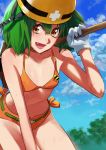  1girl :d absurdres bra breasts brown_eyes collarbone fang gloves green_hair helmet highres holding leaning_forward long_hair looking_at_viewer macross macross_frontier micro_shorts open_mouth orange_bra orange_shorts pote-mm ranka_lee shorts small_breasts smile solo strap_gap sweat underwear white_gloves 