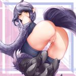  1girl ahoge anus ass bare_shoulders bird_tail blush bottomless commentary cum cum_on_pussy english_text from_behind grey_hair harpy looking_back monster_girl monster_girl_encyclopedia nanostar pointy_ears pussy short_hair solo talons thighhighs uncensored winged_arms yellow_eyes 