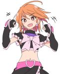 1girl :d black_gloves blush_stickers brown_eyes clenched_hands cure_black earrings fingerless_gloves futari_wa_precure gloves heart heart_earrings ixy jewelry magical_girl midriff misumi_nagisa navel open_mouth orange_hair precure short_hair simple_background smile solo white_background 