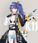  1girl 3o_c belt_collar black_bra black_collar blue_hair blush bra breasts character_name collar denim denim_shorts ear_piercing eyebrows_visible_through_hair finger_to_mouth girls_frontline gloves grey_background hair_ornament highres jacket k11_(girls_frontline) long_hair looking_at_viewer medium_breasts multicolored multicolored_clothes multicolored_gloves open_clothes open_mouth open_shirt partly_fingerless_gloves piercing purple_eyes shirt shorts solo standing underwear weapon_case white_shirt 