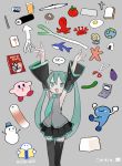  1girl aqua_eyes aqua_hair aqua_neckwear arms_up beer_mug black_legwear black_skirt blush boots bucket bucket_on_head collared_shirt crab cross cup detached_sleeves earth eggplant ehoumaki eraser fish food game_boy gen_1_pokemon handheld_game_console hatsune_miku highres kirby kokaki_mumose makizushi manga_(object) mug mushroom necktie object_on_head octopus omanyte onigiri open_mouth scissors shark shirt skirt sleeveless snowman speech_bubble spring_onion squid starfish sunny_side_up_egg sushi thigh_boots thighhighs toast tomato twintails vocaloid 