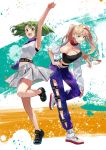  2girls :d absurdres ahoge arm_up armpits asymmetrical_sleeves bangs black_footwear blonde_hair blue_eyes breasts cleavage closed_mouth crop_top floating_hair full_body green_hair grey_skirt hair_between_eyes hand_on_hip hand_on_own_knee highres leaning_forward long_hair macross macross_frontier medium_breasts midriff miniskirt multiple_girls navel open_mouth pants pleated_skirt pote-mm purple_pants ranka_lee red_eyes sheryl_nome shiny shiny_hair skirt smile socks standing standing_on_one_leg stomach strapless very_long_hair white_footwear 