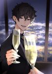  1boy 1other :d alcohol bangs black_hair black_jacket blurry blurry_background blush champagne collared_shirt commentary_request cup depth_of_field grey_eyes hair_between_eyes highres holding holding_cup indoors jacket long_sleeves looking_at_viewer male_focus nakiri_asahi necktie open_mouth pov shirt shokugeki_no_souma short_hair smile solo_focus uiui_(hage04195) upper_body 