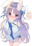  !? 1girl ame_usako animal_ears banned_artist baozi blue_ribbon blush breasts bun_cover bunny_ears china_dress chinese_clothes covering covering_breasts double_bun dress eating flying_sweatdrops food holding holding_food long_hair long_sleeves looking_at_viewer medium_breasts nose_blush open_mouth original purple_eyes purple_hair ribbon signature simple_background sleeves_past_fingers sleeves_past_wrists solo sweat translation_request twitter_username very_long_hair white_background white_dress wide_sleeves 