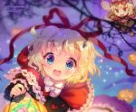  1girl amo animal_costume animal_ears apron bare_tree basket big_bad_wolf big_bad_wolf_(cosplay) black_bow blonde_hair bloomers blue_eyes blurry blurry_background blush bow bowtie bubble_skirt candy capelet center_frills cosplay cupcake doll dress_shirt eyebrows_visible_through_hair fairy_wings fangs floral_print food frilled_apron frilled_capelet frilled_cuffs frilled_shirt_collar frilled_skirt frilled_sleeves frills full_body hair_bow hair_ribbon halloween halloween_basket hand_up highres holding holding_basket jack-o&#039;-lantern layered_clothing little_red_riding_hood little_red_riding_hood_(grimm) little_red_riding_hood_(grimm)_(cosplay) long_sleeves looking_at_viewer medicine_melancholy mushroom night open_mouth pink_shirt pink_skirt puffy_short_sleeves puffy_sleeves pumpkin red_bow red_hood red_ribbon ribbon ribbon-trimmed_vest ribbon_trim rose_print sash shirt short_hair short_sleeves signature skirt sleeve_cuffs solo sparkle star_(symbol) star_in_eye striped su-san symbol_in_eye tail touhou tree tree_branch underwear wavy_hair white_bow wings wolf_costume wolf_ears wolf_paws wolf_tail 
