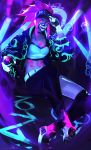  1girl absurdres akali alov asymmetrical_legwear baseball_cap belt black_footwear bodypaint bracelet choker fangs fingerless_gloves gloves hat highres idol inverted_colors jacket jewelry k/da_(league_of_legends) k/da_akali league_of_legends looking_at_viewer mask necklace paint solo thighhighs thighs 