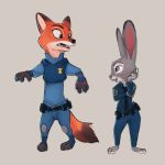  1:1 2020 anthro barefoot belt bottomwear canid canine clothing disney duo female fox fur grey_body grey_fur judy_hopps lagomorph leporid looking_at_another male mammal necktie nick_wilde open_mouth open_smile pants police_uniform rabbit red_fox shirt simple_background smile standing topwear trenin uniform zootopia 