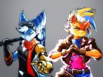  4:3 activision anthro bandicoot blue_body blue_eyes blue_fur clothed clothing crash_bandicoot_(series) crossover duo ear_piercing eyewear female fur gloves goggles goggles_on_head hammer handwear hi_res insomniac_games lombax mammal marsupial piercing pirate_tawna prosthetic prosthetic_arm prosthetic_limb ratchet_and_clank rift_apart_lombax scarf sony_corporation sony_interactive_entertainment steven_purifoy stripes tawna_bandicoot tools video_games 
