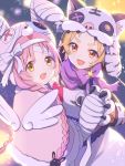  2girls :d animal_ear_fluff animal_ears animal_hat animal_print bandaged_ear bandaged_hands bandages bangs blonde_hair bow braid brown_eyes bunny_ears bunny_hair_ornament bunny_hat capelet commentary_request eyebrows_visible_through_hair fake_animal_ears fang fur-trimmed_capelet fur_trim gloves gucchiann hair_ornament halloween hat highres long_hair looking_at_viewer looking_back matsuri_(princess_connect!) mimi_(princess_connect!) multiple_girls open_mouth parted_bangs paw_gloves paws pink_capelet pink_hair princess_connect! princess_connect!_re:dive shirt skirt sleeveless sleeveless_shirt smile thick_eyebrows tiger_ears tiger_hat tiger_print twin_braids very_long_hair white_bow white_gloves white_shirt white_skirt 