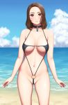  1girl ass_visible_through_thighs beach black_swimsuit blue_sky blush breasts brown_hair choker cloud collarbone cowboy_shot day groin highres horizon lips looking_at_viewer medium_breasts navel o-ring o-ring_swimsuit ocean original outdoors parted_hair partially_visible_vulva red_eyes shiny shiny_skin sky slingshot_swimsuit smile solo standing swimsuit underboob yurashima 