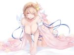  1girl all_fours areola_slip areolae bangs bare_shoulders bikini blue_eyes blue_ribbon blush breasts cleavage collarbone europa_(granblue_fantasy) flower granblue_fantasy hair_flower hair_ornament highres large_breasts looking_at_viewer nanahara_fuyuki open_mouth ribbon sandals short_hair simple_background smile swimsuit thighs tiara white_background white_bikini 