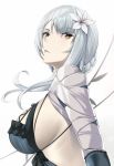  1girl bandaged_arm bandaged_neck bandages braid breasts brown_eyes closed_mouth eyebrows_visible_through_hair flower from_side hair_flower hair_ornament kaine_(nier) large_breasts lingerie looking_to_the_side nier nier_(series) pale_skin sideboob silver_hair takanashi-a underwear white_background 