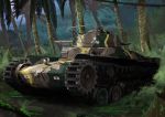  artist_name bush caterpillar_tracks cloud commentary_request day emblem forest ground_vehicle harumiya_hiro highres imperial_japanese_army japanese_flag military military_vehicle motor_vehicle nature no_humans original palm_leaf palm_tree tank tree type_97_chi-ha wood 