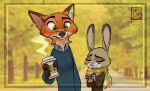  2020 absurd_res anthro autumn blurred_background canid canine cheek_tuft clothed clothing cup dipstick_ears disney duo eyes_closed facial_tuft female fox fur green_eyes grey_body grey_fur hi_res holding_cup holding_object inner_ear_fluff judy_hopps lagomorph leaf leporid male mammal multicolored_ears neck_tuft nick_wilde orange_body orange_fur outside qalcove rabbit red_fox scarf sweater topwear tree tuft white_body white_fur zootopia 