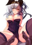  1girl :o animal_ears black_hairband black_leotard blush breasts bunny_ears cleavage collarbone eriyama_e full_body hair_over_breasts hairband highres kantai_collection large_breasts leotard leotard_pull long_hair looking_at_viewer one_side_up playboy_bunny purple_eyes silver_hair simple_background sitting smile solo spread_legs suzutsuki_(kantai_collection) thighhighs white_background 