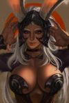  1girl animal_ears breasts bunny_ears choker dark_skin ears_through_headwear final_fantasy final_fantasy_xii fran_(ff12) helmet highres large_breasts lips long_hair looking_at_viewer red_eyes revealing_clothes soffa solo upper_body viera white_hair 