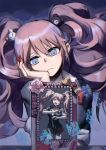  1girl absurdres bangs bear_hair_ornament blue_eyes bow breasts cheek_rest choker cleavage collarbone commentary_request danganronpa danganronpa_1 enoshima_junko freckles frown hair_ornament highres iei large_breasts long_hair looking_at_viewer multiple_views nail_polish necktie photo_(object) red_bow red_nails school_uniform skirt sleeves_rolled_up spoilers striped striped_bow twintails white_neckwear ziling 
