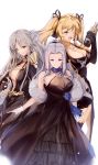  3girls absurdres alcohol azur_lane bare_shoulders black_cape black_dress black_gloves black_skirt blonde_hair bottle breasts cape center_opening champagne cleavage_cutout clothing_cutout criss-cross_halter dress dress_flower elbow_gloves enterprise_(azur_lane) enterprise_(heroic_finery)_(azur_lane) evening_gown feather_boa feathers fingerless_gloves gloves green_eyes grey_hair hair_feathers halter_dress halterneck highres holding holding_bottle holding_purse hornet_(azur_lane) hornet_(bubbly_anniversary!)_(azur_lane) jewelry large_breasts light_purple_eyes light_purple_hair long_dress long_sleeves looking_at_viewer multiple_girls necklace purple_eyes see-through shika_(shika0) simple_background skirt twintails white_gloves yorktown_(azur_lane) yorktown_(evening_i_can&#039;t_remember)_(azur_lane) 