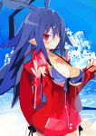  blue_hair blush breasts clothing day demon disgaea female glistening glistening_hair hair hi_res humanoid humanoid_pointy_ears jacket laharl miyakawa106 not_furry outside portrait red_eyes smile three-quarter_portrait topwear video_games wet 