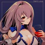  1girl absurdres azur_lane bare_shoulders blue_background blue_scarf breasts character_name cleavage colored_pencil_(medium) cross cross_earrings cup dress drinking_glass earrings elbow_gloves evening_gown fingerless_gloves gloves grey_hair hair_between_eyes highres holding holding_cup huge_filesize jewelry large_breasts lave2600 long_hair marker_(medium) millipen_(medium) mole mole_on_breast mole_under_eye red_eyes saint-louis_(azur_lane) saint-louis_(brilliant_paladin)_(azur_lane) scarf simple_background solo traditional_media upper_body white_dress white_gloves wine_glass 