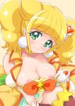 1girl bangs blonde_hair blunt_bangs breasts closed_mouth cure_sparkle eyebrows_visible_through_hair gloves green_eyes healin&#039;_good_precure hiramitsu_hinata long_hair looking_at_viewer magical_girl medium_breasts mini_koala nipples precure short_hair simple_background smile solo twintails white_gloves yellow_background 