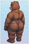  2020 absurd_res anthro asian_clothing barazoku bitfly black_nose brown_bear brown_body brown_fur butt clothing east_asian_clothing eyebrows frown fundoshi fundoshi_only fur head_tuft hi_res japanese_clothing juuichi_mikazuki looking_back male mammal morenatsu musclegut muscular muscular_anthro muscular_male overweight overweight_anthro overweight_male pattern_background plantigrade rear_view signature simple_background solo standing tan_body tan_fur thick_eyebrows tuft underwear ursid ursine video_games visual_novel 