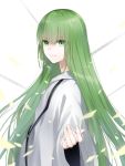  1boy androgynous bangs chain closed_mouth commentary_request enkidu_(fate/strange_fake) eyebrows_visible_through_hair fate/grand_order fate_(series) from_side green_eyes green_hair hand_up long_hair long_sleeves looking_at_viewer looking_to_the_side male_focus smile solo upper_body very_long_hair waka_(shark_waka) white_robe wide_sleeves 