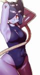  1girl absurdres armpits arms_up breasts covered_navel doublehero hair_over_one_eye highres leviathan_(skullgirls) light_smile medium_breasts one-piece_swimsuit purple_hair purple_skin red_eyes short_hair side_ponytail sideboob simple_background skullgirls squigly_(skullgirls) stitched_mouth stitches swimsuit white_background 