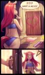  anthro blush bra clothed clothes_on_floor clothing comic crossdressing cyancapsule dialogue dresser equid equine eyes_closed female fur furniture girly hair hi_res horse male mammal nila_(cyancapsule) panties red_hair red_tail solo speech_bubble underwear wide_eyed yellow_body yellow_fur 