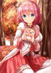  1girl autumn_leaves bangs blue_eyes blush breasts closed_mouth commentary_request eyebrows_visible_through_hair hair_between_eyes hairband hands_up heart heart_hands highres long_hair looking_at_viewer medium_breasts pink_hair pleated_skirt princess_connect! princess_connect!_re:dive red_skirt shirt skirt smile solo thighhighs tree white_legwear white_shirt yellow_hairband yui_(princess_connect!) zenon_(for_achieve) 