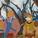  anthro armor canid canine canis coyote dialogue english_text group he-man human kojote male mammal masters_of_the_universe mattel outside redcoatcat text 