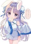  1girl ame_usako animal_ears banned_artist baozi blue_ribbon blush breasts bun_cover bunny_ears china_dress chinese_clothes commentary_request double_bun dress eating food heart holding holding_food long_hair long_sleeves looking_at_viewer medium_breasts original purple_eyes purple_hair ribbon signature simple_background sleeves_past_fingers sleeves_past_wrists solo translation_request twitter_username very_long_hair white_background white_dress wide_sleeves 