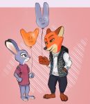  2019 absurd_res anthro barefoot canid canine clothed clothing disney eye_contact female fox fully_clothed fur grey_body grey_fur hi_res holding_balloon judy_hopps lagomorph leporid looking_at_another male mammal nick_wilde orange_body orange_fur pink_background rabbit red_fox simple_background smile standing trenin zootopia 