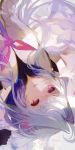  1girl ahoge bangs black_gloves gloves hair_intakes long_hair looking_at_viewer merlin_(fate/prototype) nido_celisius petals purple_eyes simple_background smile solo upside-down very_long_hair white_background white_hair white_robe 