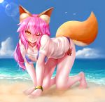  1girl all_fours animal_ear_fluff animal_ears bikini bikini_under_clothes blue_bikini blush breasts cleavage fate/grand_order fate_(series) fox_ears fox_girl fox_tail hoshikuzu_kizuna_(kizuna_stardust) large_breasts looking_at_viewer ocean one_eye_closed outdoors pink_hair shirt side-tie_bikini solo sweat swimsuit tail tamamo_(fate)_(all) tamamo_no_mae_(swimsuit_lancer)_(fate) tongue tongue_out wet wet_clothes wet_shirt wet_t-shirt yellow_eyes 