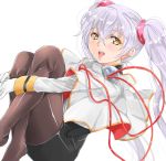  1girl fetal_position floating highres hoshino_ruri kidou_senkan_nadesico kidou_senkan_nadesico_-_prince_of_darkness looking_to_the_side open_mouth solo tororo_ten twintails uniform white_background white_hair yellow_eyes 