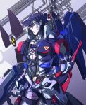  1boy 8823 black_hair blue_eyes clenched_hands freedom_gundam gun gundam gundam_seed highres holding holding_gun holding_weapon looking_down mecha_danshi mechanical_wings personification solo weapon wings wire 