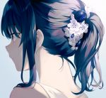  1girl achiki bangs bare_shoulders blue_hair commentary_request eyebrows_visible_through_hair flower gradient gradient_background grey_background hair_between_eyes hair_flower hair_ornament looking_away nape original ponytail portrait purple_eyes sleeveless solo white_flower 
