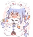  1girl 1other animal_ears bangs black_gloves black_leotard blue_hair blush bow braid bunny_ears carrot carrot_hair_ornament chibi closed_eyes coat commentary d: don-chan_(usada_pekora) eyebrows_visible_through_hair food_themed_hair_ornament fur-trimmed_coat fur-trimmed_gloves fur_trim furrowed_eyebrows gloves hair_ornament hands_up hololive kuro_(kuroneko_no_kanzume) leotard long_hair open_mouth pantyhose rabbit_girl shaded_face short_eyebrows strangling sweat thick_eyebrows trembling twin_braids twintails usada_pekora virtual_youtuber wavy_mouth white_coat 